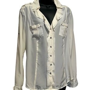 WHBM Silk Ivory Roll Tab Lightweight Button Down Blouse Womens size 10